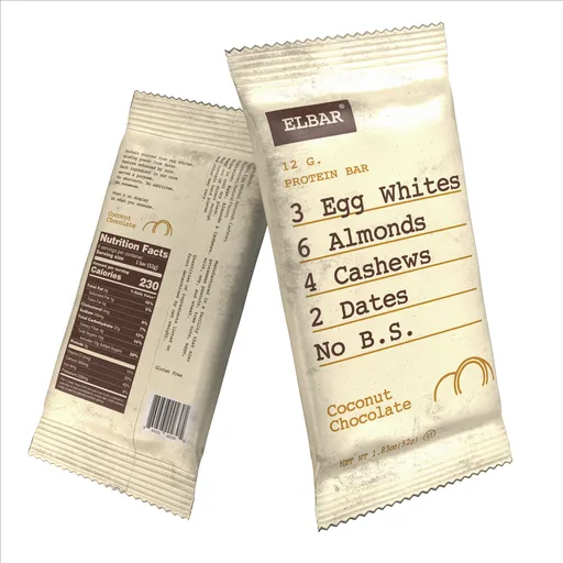 Detailed 3D protein bar model with coconut chocolate flavor, ideal for Blender renderings and game assets.
