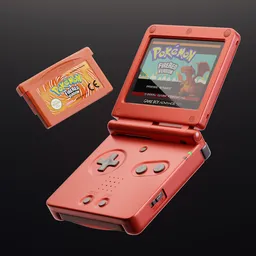 Detailed Blender 3D model of a red Game Boy Advance SP with Pokemon cartridge.