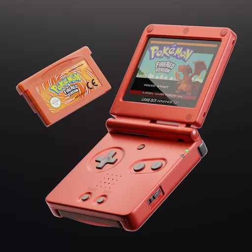 Detailed Blender 3D model of a red Game Boy Advance SP with Pokemon cartridge.