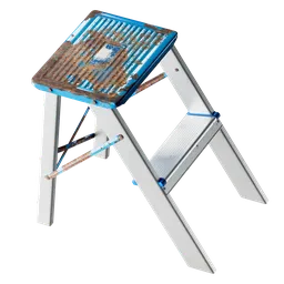 Detailed 3D model of a small, weathered step ladder with white steps, blue trim, and realistic rust textures.