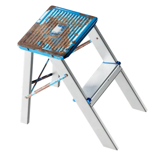 Detailed 3D model of a small, weathered step ladder with white steps, blue trim, and realistic rust textures.