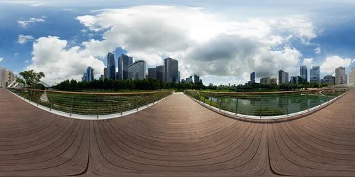 Wooden boardwalk leading towards urban skyline under a cloudy sky for lighting and rendering scenes.