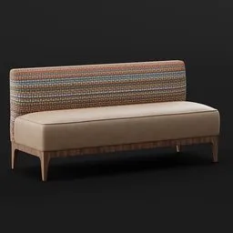 "Full-size banquette bench 3D model for Blender 3D, featuring leather seating and a wooden frame. Inspired by Michael Flohr and rendered in simplified realism with a striking teal and orange color scheme."