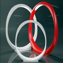 Modern 3D rendered red and white LED ring-shaped table lamps on a reflective surface, Blender 3D visualization.