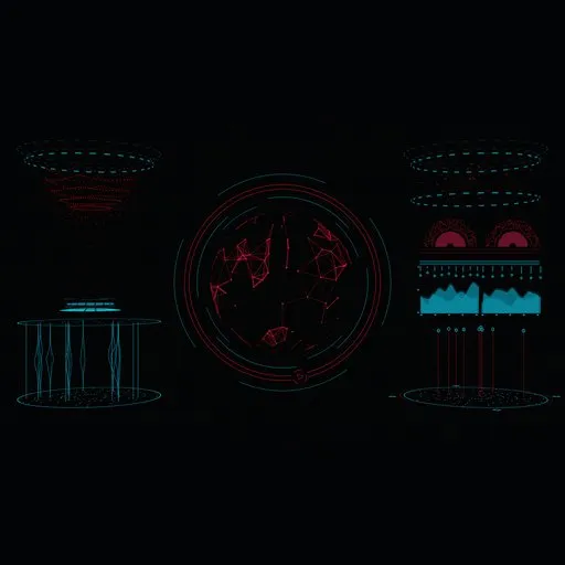 3D Blender HUD UI elements with spherical plexus and particle graphs on a dark backdrop.