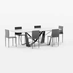 "Modern dining table with marble top and chairs, rendered in high resolution with metal and glass accents. Inspired by Frederick Hammersley and designed using Blender 3D software."