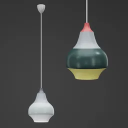 "Louis Poulsen Cirque Pendant Light in candy-colored aluminum shade, inspired by mid-century modern cartoon style. 3D model for Blender 3D with unique design, suspended from the ceiling as illuminated orbs."