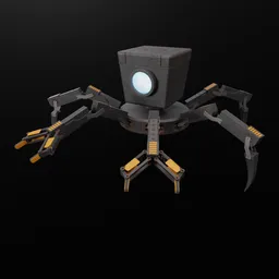 Detailed 3D crab-like robot model with articulating limbs and glowing eye, compatible with Blender.