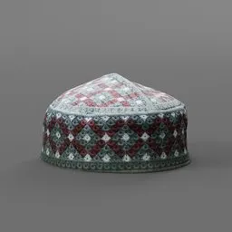 "3D model of a Muslim cap, a traditional man clothing with a red and white design. Scan and remeshed using Blender 3D, it allows for easy color change with a hue node. Perfect for use in isometric game assets or men's fashion renderings."
