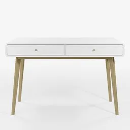 "Modern Office Desk - Simple and clean white desk with two drawers, featuring oak legs. Detailed body and face design in modern pastel colors. Perfect 3D model for Blender 3D software."