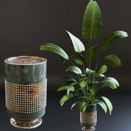 Detailed 3D model of Strelitzia reginae, Bird of Paradise, in decorative plaster vase for interior design in Blender.