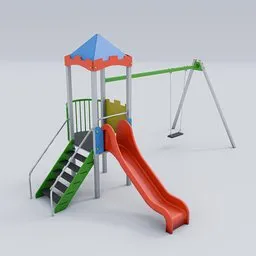 Detailed Blender 3D model of a children's playground structure with slide and swing set.