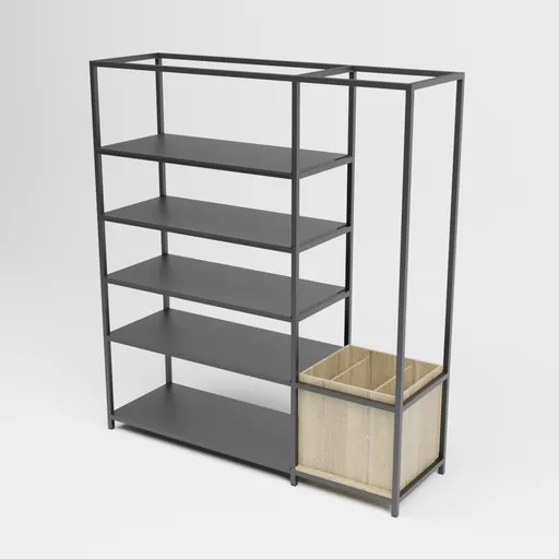 Simple metal-framed 3D model shelving with wooden crate for Blender shopping-retail scene.