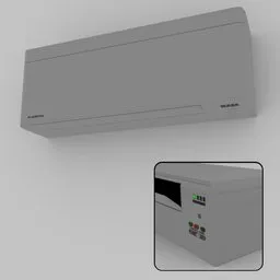 "AC split indoor unit: a modern designer air conditioner for the wall in black color. Easily customizable via the control panel. High-quality 3D model for Blender 3D software."