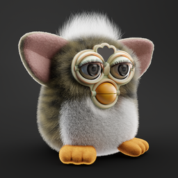 Detailed 3D model of a wolf-themed Furby with realistic fur, compatible with Blender for animation and rendering.