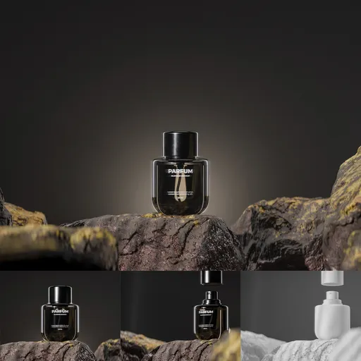 Bottle perfume on rocky surface