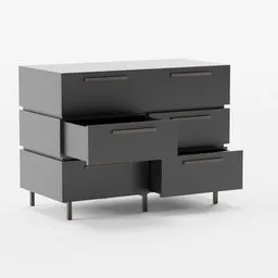 "Drawer (Rigged) - Black dresser with three posable drawers, ideal for Blender 3D. Featuring a modular constructivist design, detailed body shape, and sleek angular face. Perfect for CGI animation and 3D modeling projects in the style of Heikala and Rosenthal."