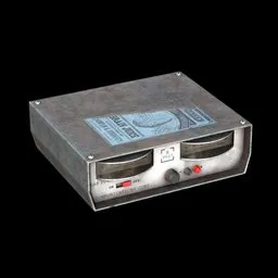"Regulated power supplies with silver box and blue label, featuring realistic restored face and electric energy for Blender 3D. Perfect for industrial utility projects and RV simulations. Untextured, hard surface model with metal texture and new vegas style."