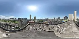 360-degree urban HDR panorama featuring aged rooftops and clear blue skies, perfect for realistic scene lighting.