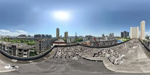 360-degree urban HDR panorama featuring aged rooftops and clear blue skies, perfect for realistic scene lighting.