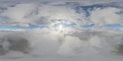 High-resolution HDR sky with sun piercing through clouds, ideal for realistic 3D scene lighting.