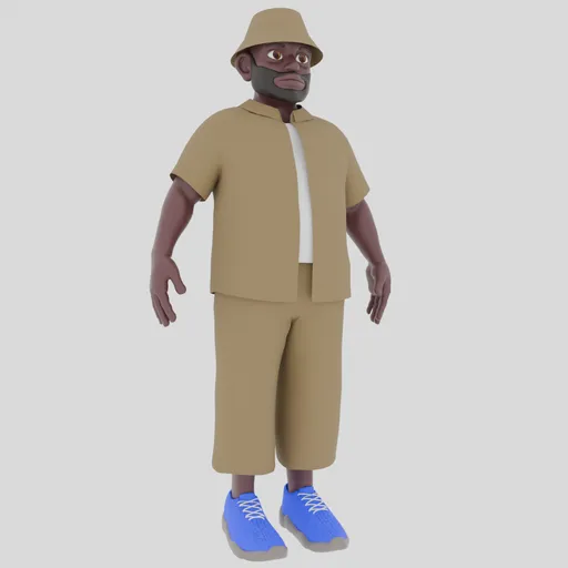 Stylized male 3D character model rigged for animation in Blender, dressed in casual attire with a confident pose.