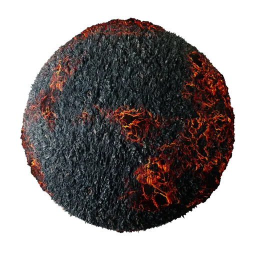 High-resolution PBR lava stone material for Blender 3D, depicting volcanic rock with vibrant lava textures suitable for soil surfaces.