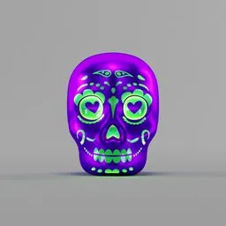 "Mexican skull day of the dead" 3D model for Blender 3D. Features a vivid blue skull with striking neon green details, inspired by Arvid Nyholm's art. Perfect for concept art, 3D printing, and digital banners.