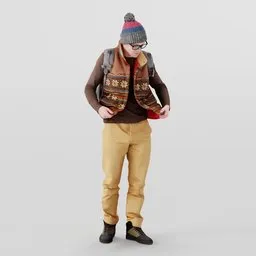 Realistic 3D model of a well-dressed male student with a backpack and warm clothing, perfect for Blender 3D projects.