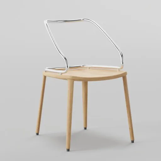 Detailed 3D rendering of a modern chair with wooden seat and sleek metal backrest for Blender modeling.
