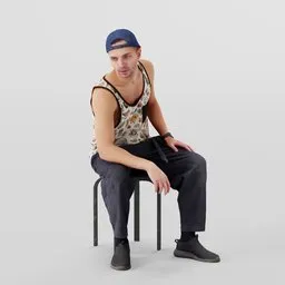 Young seated male 3D character with cap and casual attire, suitable for Blender animation projects.