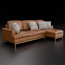 Detailed 3D model of tan leather sectional sofa with cushions, designed for Blender rendering and interior design.