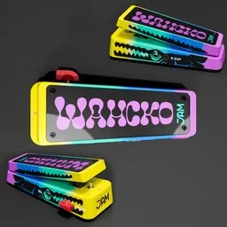 Detailed 3D model of a colorful Wahcko Wah pedal with adjustable sweep and true bypass.