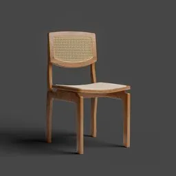 "Bar chair 3D model - Wooden chair with braided backrest and linen seat, for Blender 3D. Inspired by Mandelberg, this untextured model features a sharp-nosed design with rounded edges."