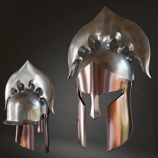 Realistic 3D modeled ancient helmet with detailed metal materials, suitable for use in Blender.