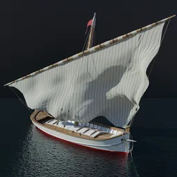 High-detail 3D wooden fishing boat with sails, ideal for Blender 3D projects in the recreation category.