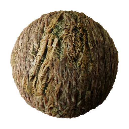 High-resolution PBR tree bark material, detailed wood texture with displacement, 2K quality for 3D rendering.