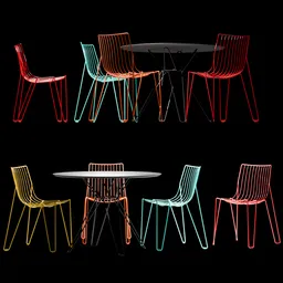 Detailed 3D rendering of a modern table and chair set in various colors, compatible with Blender for design and animation.