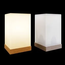 "A modern styled, squared table lamp made of translucent material, perfect for adding accent white lighting to any room. Created using Blender 3D software, this lamp features simplified forms and light displacement, giving off a soft and glowing lantern-like effect. Ideal for use in interior design projects, such as on a study desk or bedside table."
