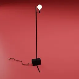 3D model of a sleek black matte Minimal Beam floor lamp with a geometric base and an industrial-style exposed bulb.