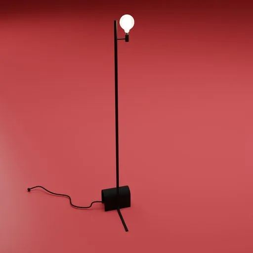 3D model of a sleek black matte Minimal Beam floor lamp with a geometric base and an industrial-style exposed bulb.