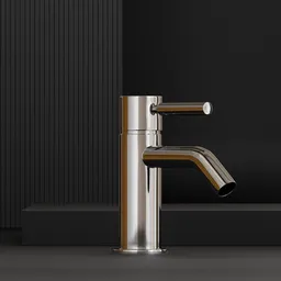 3D-rendered chrome basin mixer with realistic reflection for Blender bathroom scene visualization.