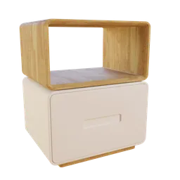 "Modern wooden bedside table 3D model for Blender 3D with a white drawer and bamboo elements. Unshaded and untextured, stylized with glow lighting and a kawaii HQ render by Puru, 3dcg. Perfect for interior design and furniture visualization projects."