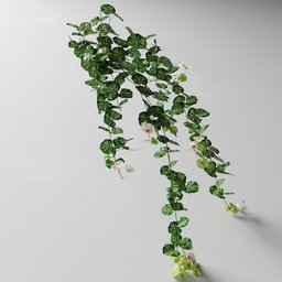 This 3D model, "Artificial Tendril Pink Geranium L V2," features a hanging plant with ivy vine leaves and a flower top, created using the Blender 3D software. The design is inspired by real products on the market and incorporates simplified realism style, trending on artforum, and Gypsophila. Geometry nodes are also included using the Bagapia addon with permission from the author.