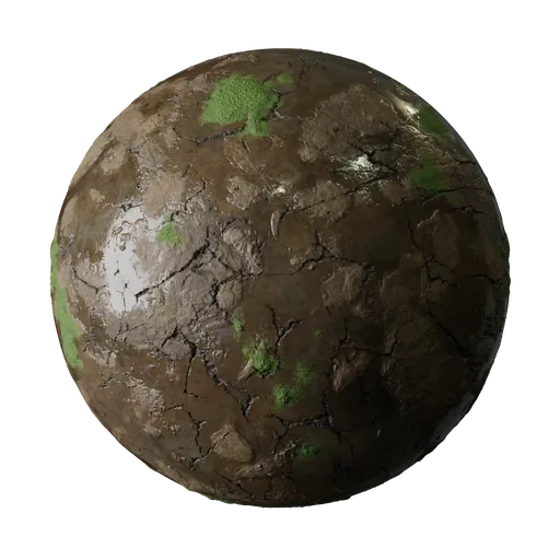 High-resolution PBR 3D material texture of wet moss on muddy ground for Blender and 3D apps.