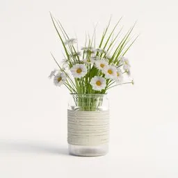 Realistic daisy and grass 3D model in a textured glass bowl for interior design rendering, compatible with Blender.