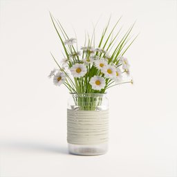 "Nature-inspired 3D model of a Deco Flower and Grass Element in Glass Bowl created with Blender 3D. Realistic and highly reflective with eco-friendly daisy theme. Perfect for table or living room decoration."