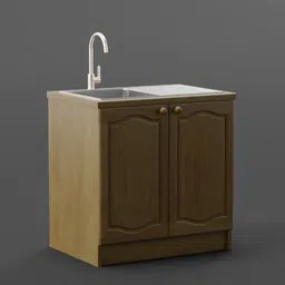 Wooden textured 3D model of a cupboard with a built-in sink for Blender rendering.
