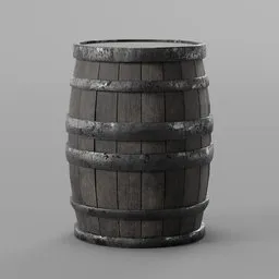 "3D model of an old wooden barrel with metal rim, designed in Blender 3D. Perfect for game environment art and furniture props with a grim dark style. Untextured and round-cropped for easy integration into various game engines."