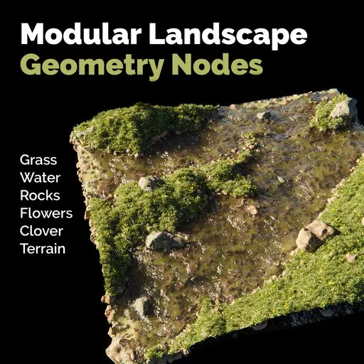 Detailed 3D wild meadow scene with grass, flowers, rocks, river, using Blender geometry nodes.
